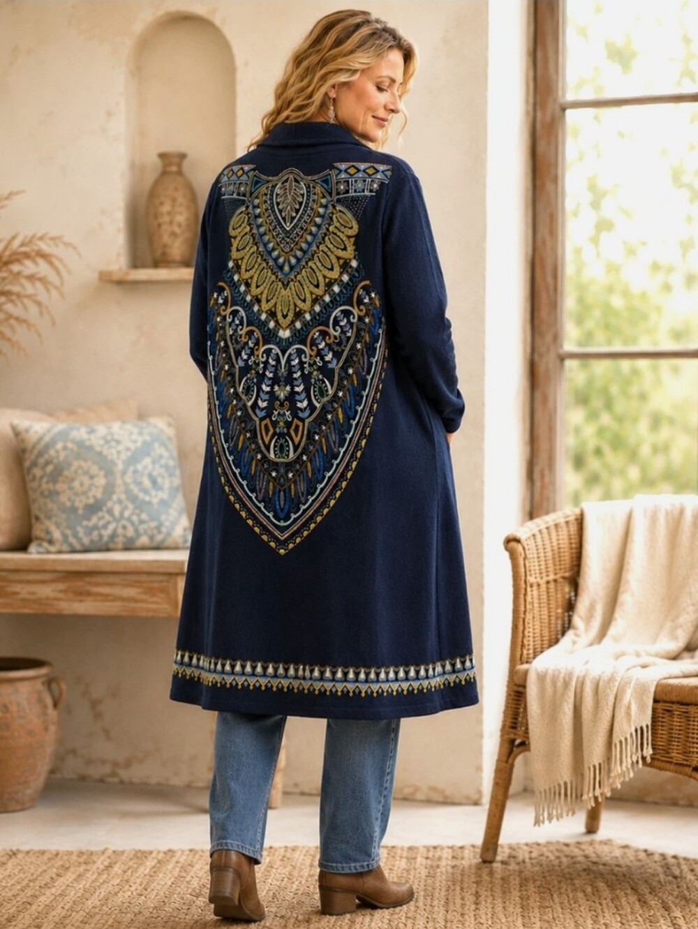 SOFT SURROUNDINGS  Bohemian Embroidered Long Open Duster Cardigan - Navy XL